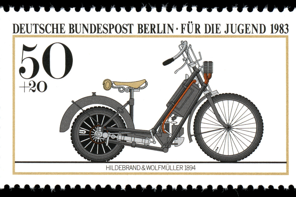 historische Briefmarke mit erstem Motorrad von Hildebrand und Wolfmüller