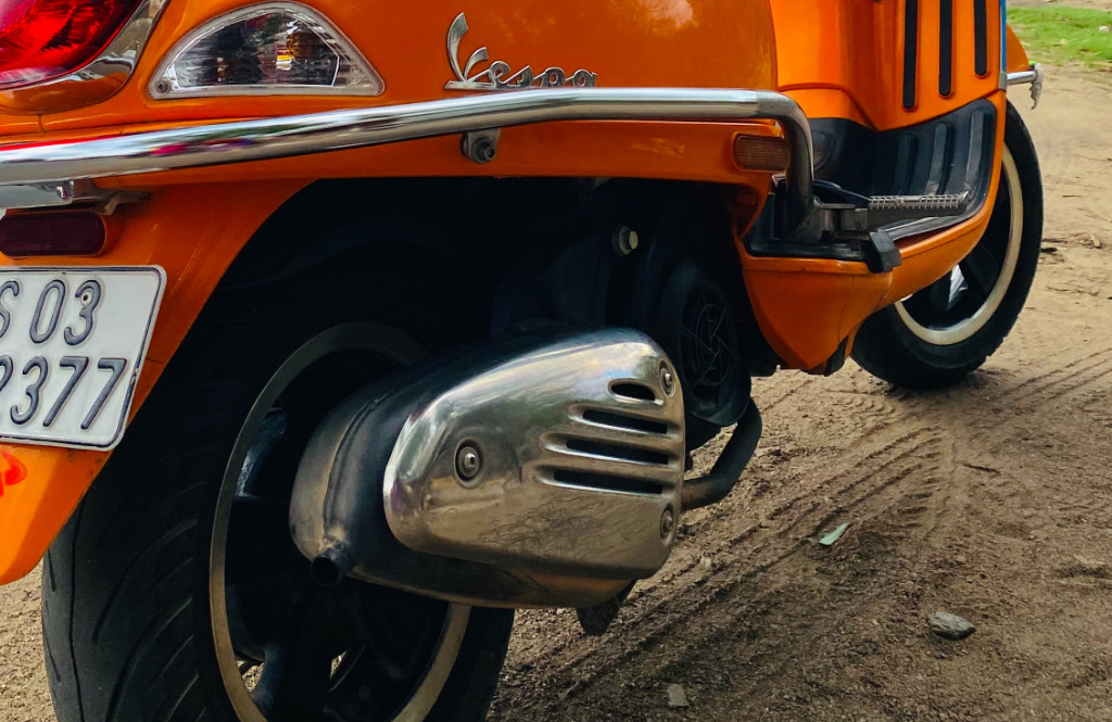 Close-up of the exhaust of a Vespa