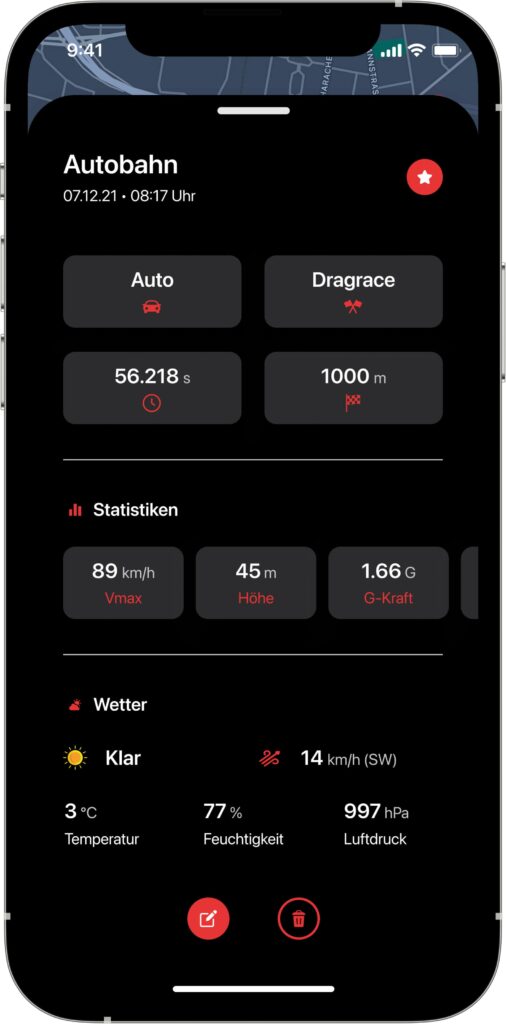 Screenshot der Quartermile App