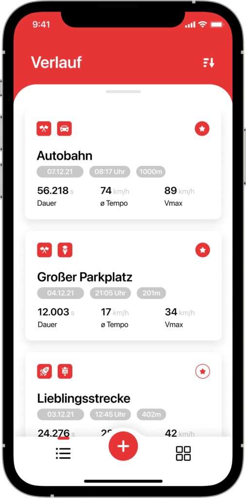 Screenshot des Verlaufs in der Quartermile App