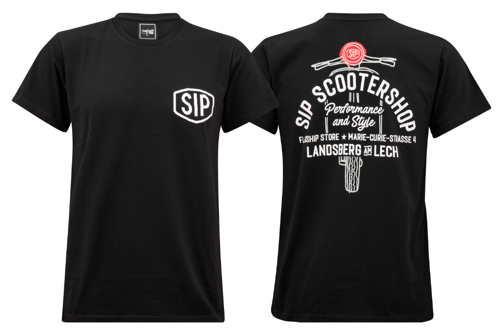 Front and back of the Destination Shirt for the SIP Scootershop Flagship Store Landsberg am Lech.