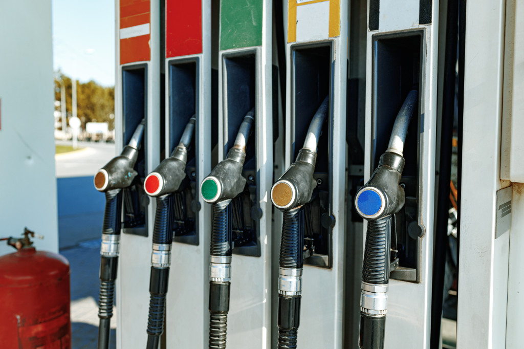 colorful fuel dispensing valves at gas station